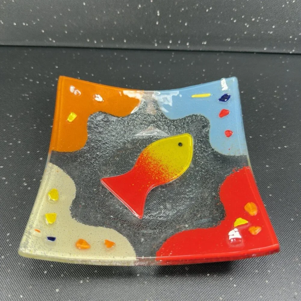 Square Fused‎ Art Glass Multicolor Dish Plate With Fish Textured Trinket Holder